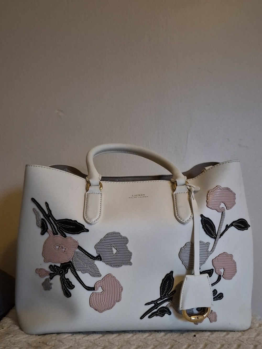 Lauren Ralph Lauren White Floral Applique Tote with Pink and Gray Accents